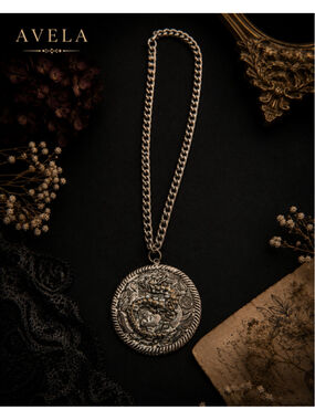 Vintage Asian Dragon Medallion Pendant Necklace | Antique Silver Tone Statement
